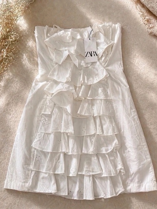 Zara Dresses & Skirts - Zara White Strapless Ruffle Eyelet Mini Dress